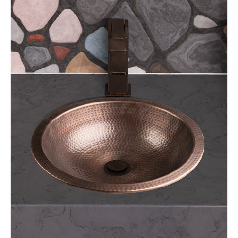 Pure Copper Hand Hammered 16 inch Rotunda Dual Mount Drop In Undermount Bathroom Sink